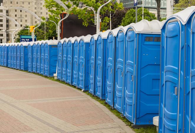 a row of portable restrooms ready for eventgoers in Clyde Hill, WA